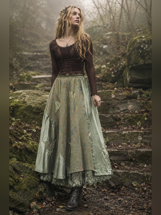 Vintage Dresses & Skirts - Whimsigoth Patchwork Jacquard Satin Maxi Skirt Ren Fair Medieval Lace Hem Small